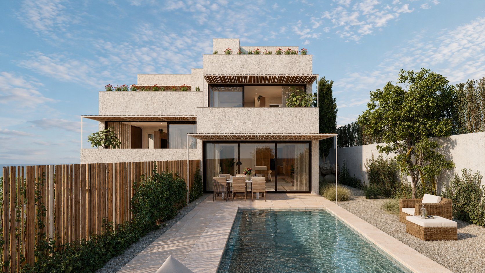 Tarraco Homes - Fachada con jardín y piscina privada